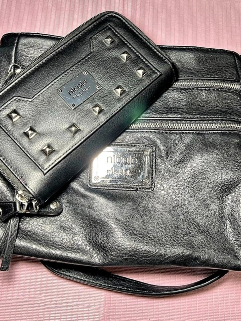 Nicole Miller Crossbody Bag & Wallet in Black & Pink